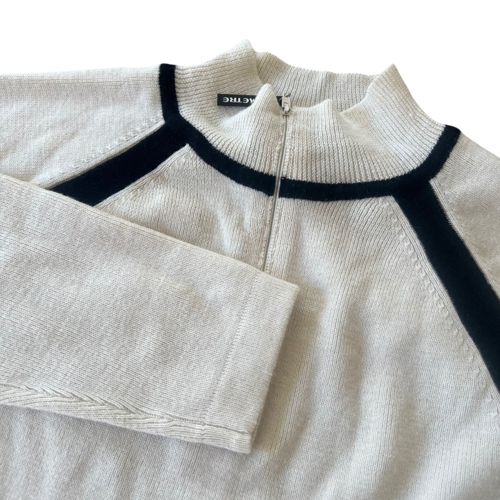 Demetre Cream Black Trim Quarter Zip Mock Neck Sweater Medium Wool Blend
